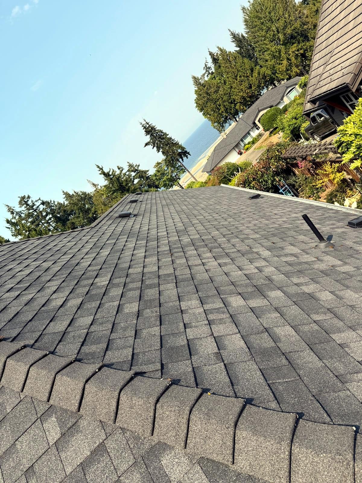 Eco Roofing crew installing architectural shingles on a Vancouver Island home
